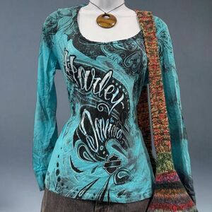 Harley-Davidson Blue Tie Dye Tattoo Graphic Long Sleeve Top Tribal Y2K Small